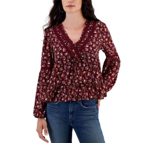 Planet Heart Juniors' Crochet-Trimmed Surplice Tiered Top Windsor Wine size S - Picture 6 of 16